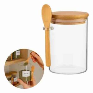 RECIPIENTE VIDRIO CON TAPA Y CUCHARA MADERA